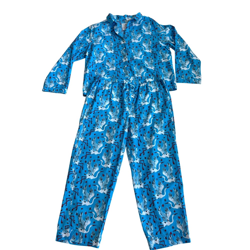 Printfresh Cobalt Crane Organic Cotton Pajama Set XL Long Sleeve Button Down